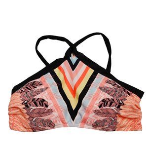 Juniors Small High Neck Swimsuit Bikini Swim Top Feathers Print